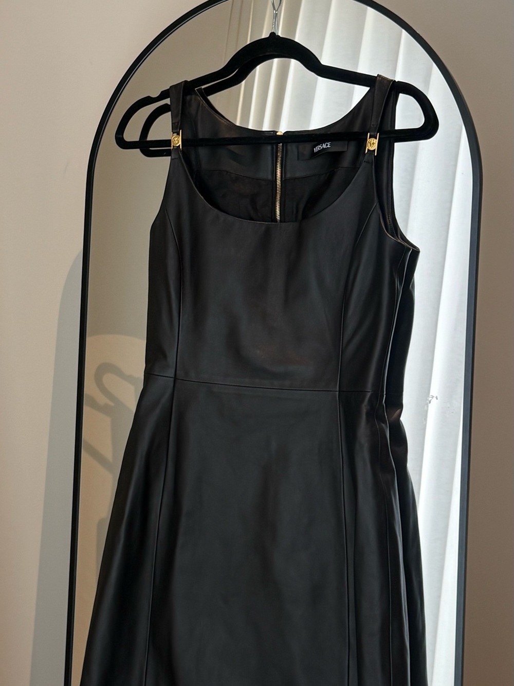 Versace Leather Black A-Line Dress with Gold Medusa Hardware